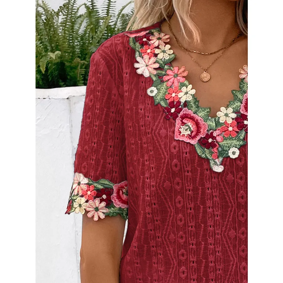 Eyelet Embroidered V-Neck Short Sleeve Blouse