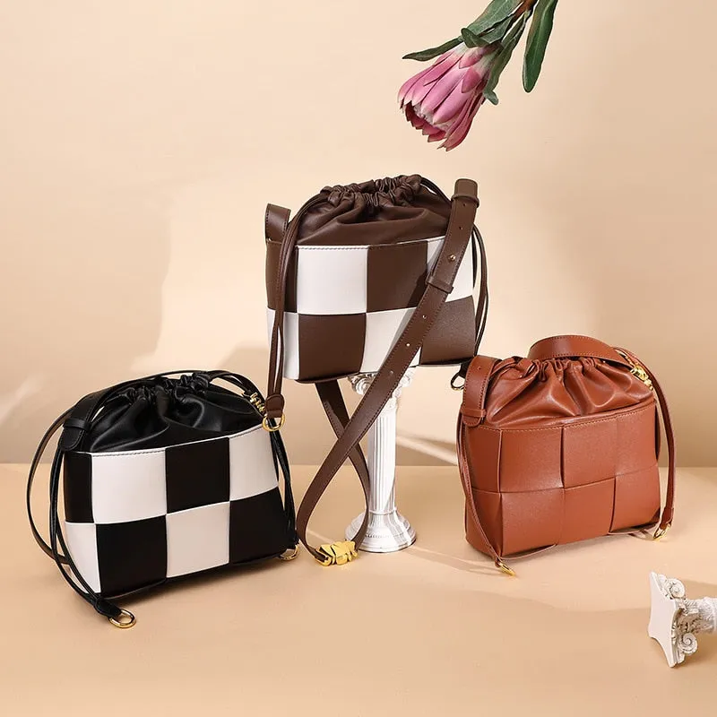 Fashion Genuine Leather Women Crossbody Versatile Cowhide Woven Colorblock Drawstring Bundle