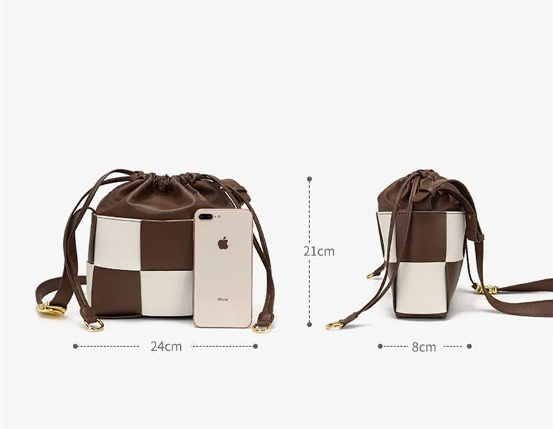 Fashion Genuine Leather Women Crossbody Versatile Cowhide Woven Colorblock Drawstring Bundle