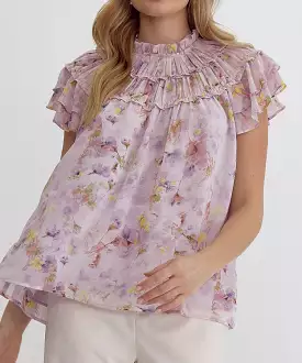 Floral Print Ruffle Sleeve Top - Lavender