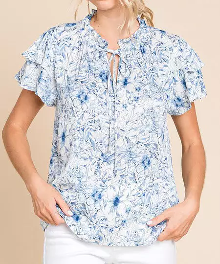 Floral Print Self Tie Top - Blue