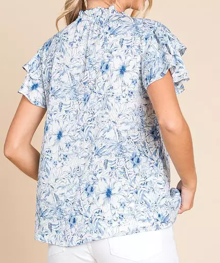 Floral Print Self Tie Top - Blue