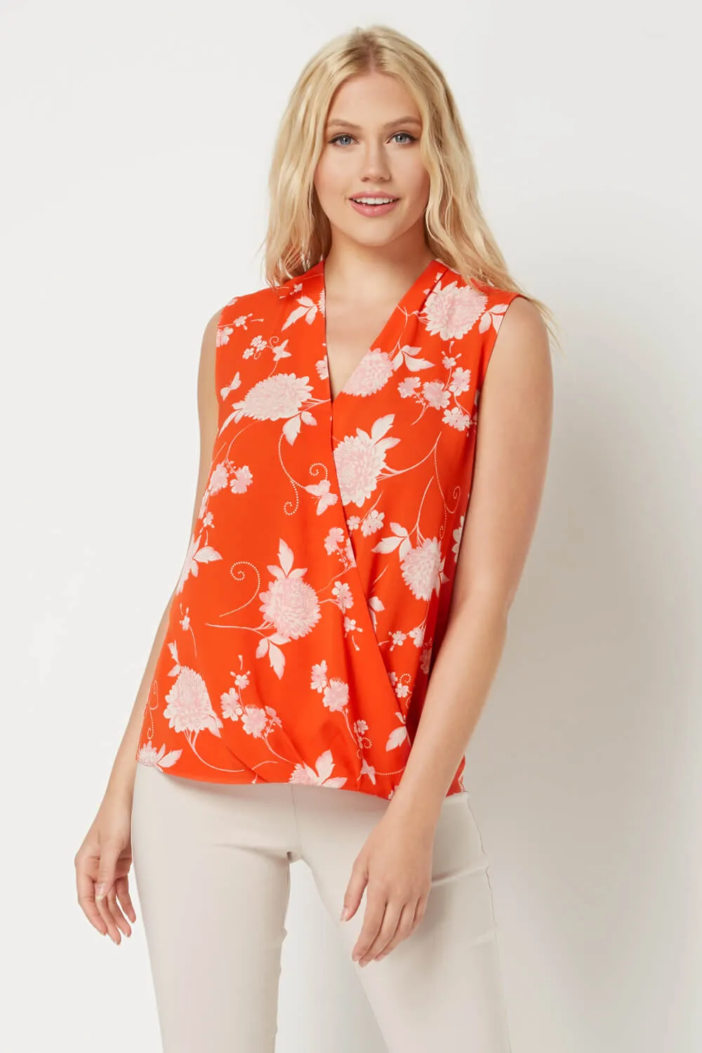 Floral Sleeveless Wrap Top in Orange - Roman Originals UK