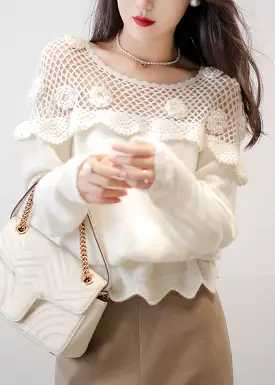 Floral White Hollow Out Patchwork Cotton Knit Top Long Sleeve AS1070