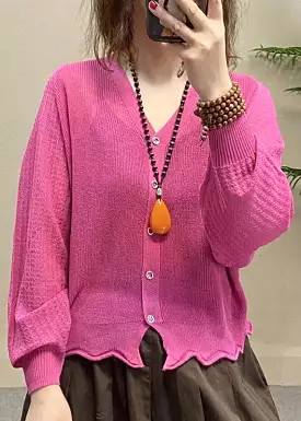 French Rose V Neck Button Ice Silk Knit Top Long Sleeve AS1062