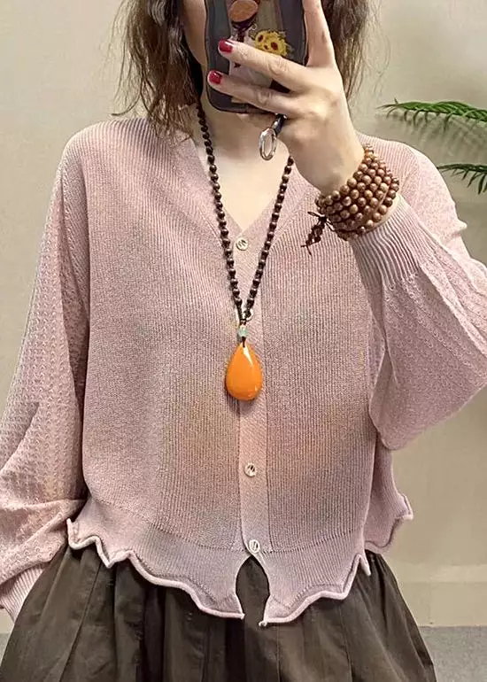 French Rose V Neck Button Ice Silk Knit Top Long Sleeve AS1062