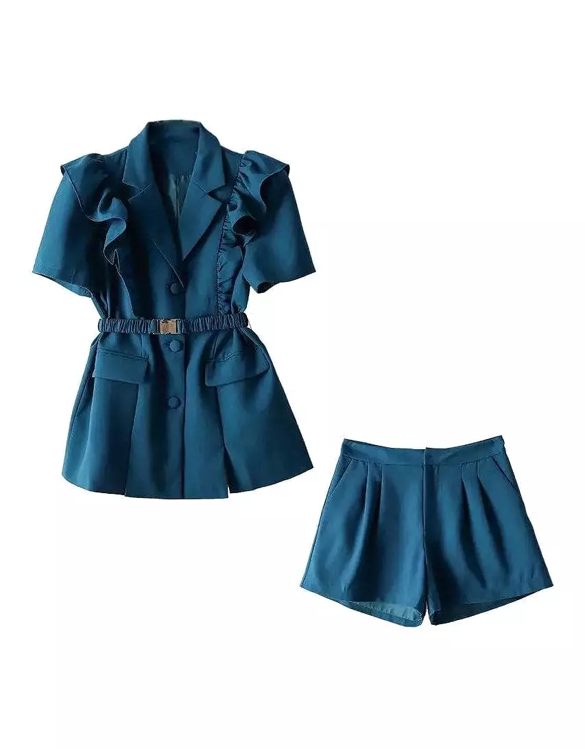 Frilled Belted Jacket Shorts Set