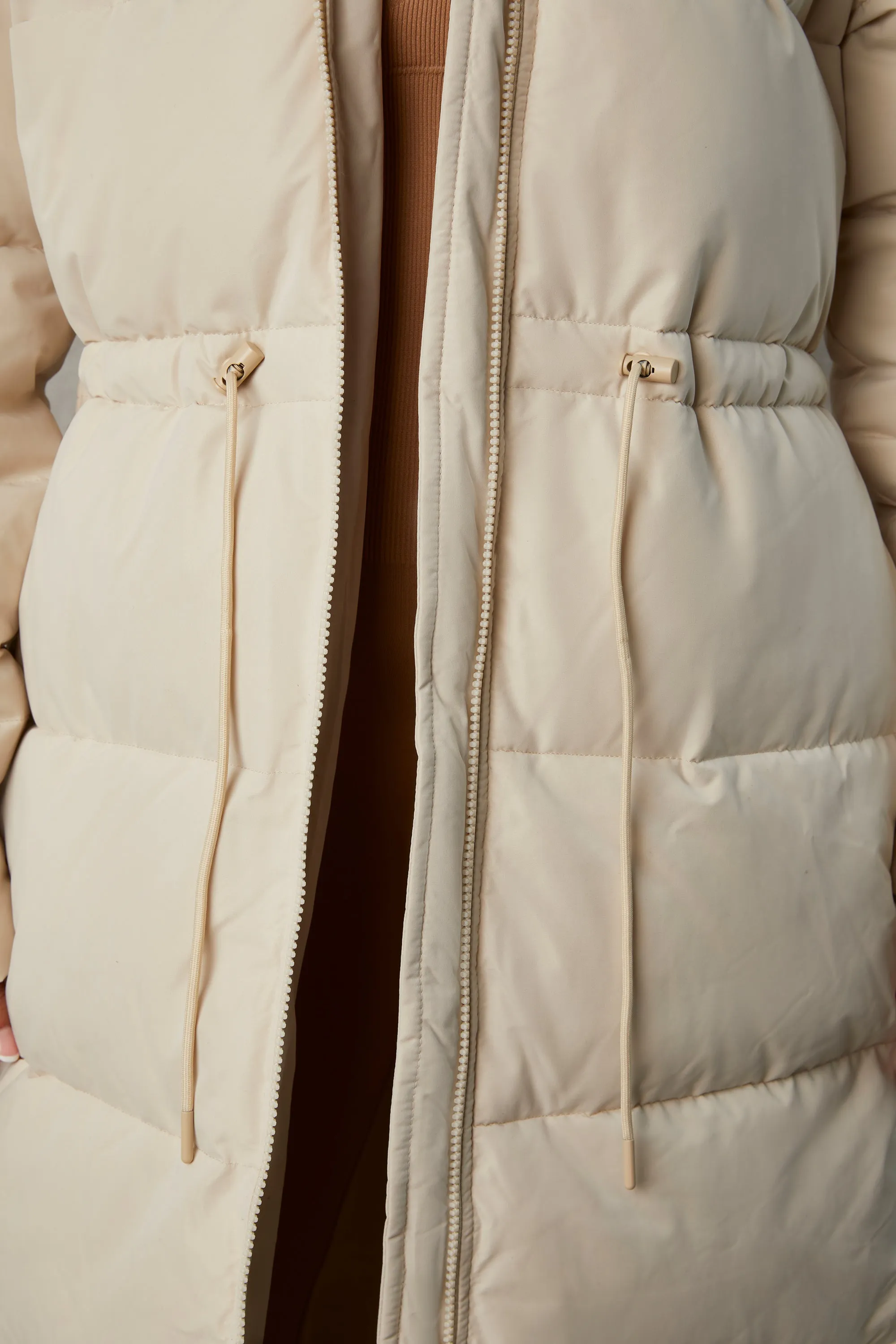 Full Length Hooded Puffer Coat in Sand