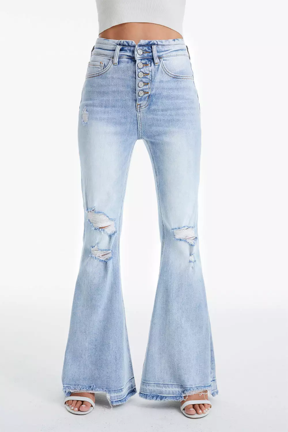 Full Size Distressed Raw Hem High Waist Flare Jeans