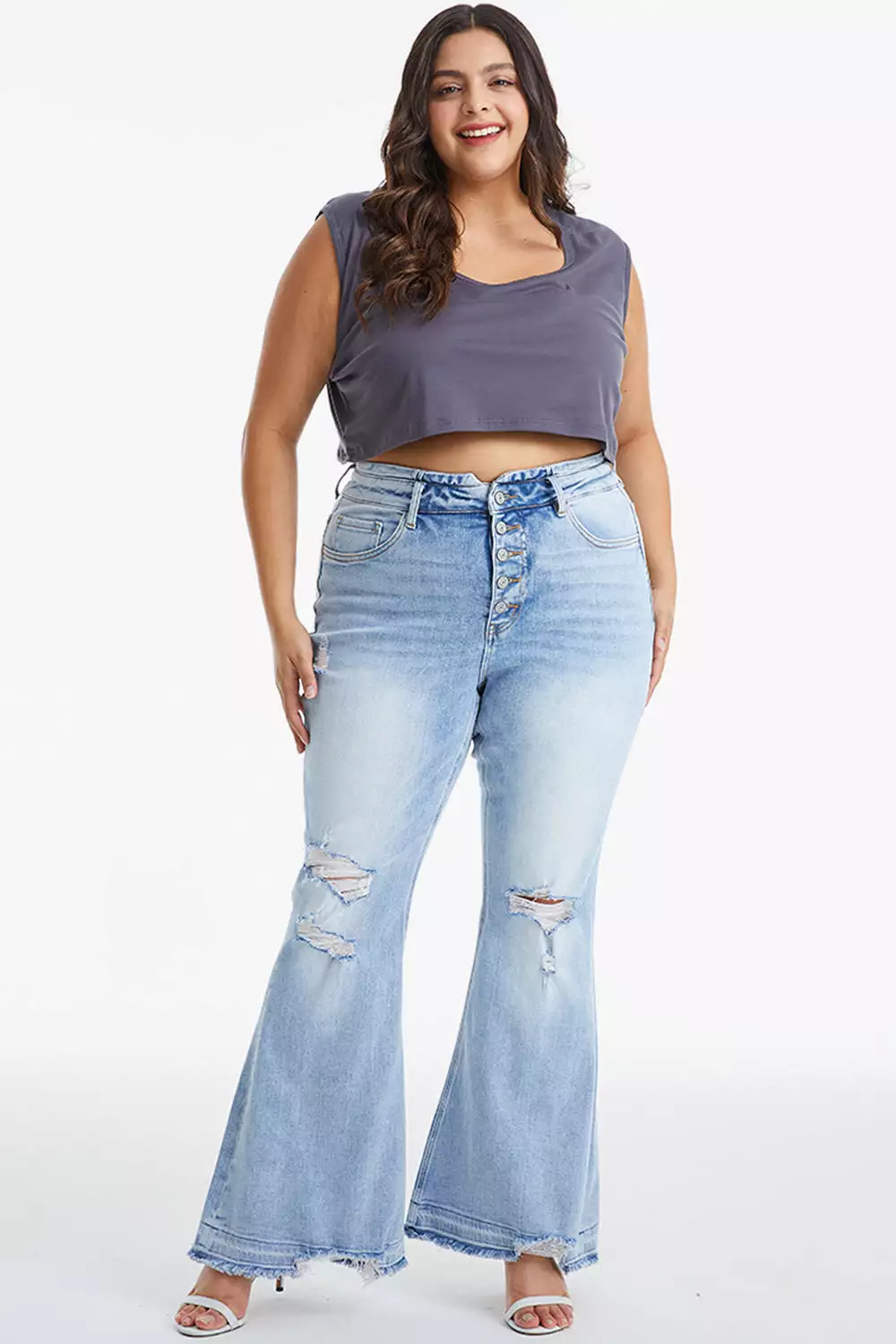 Full Size Distressed Raw Hem High Waist Flare Jeans