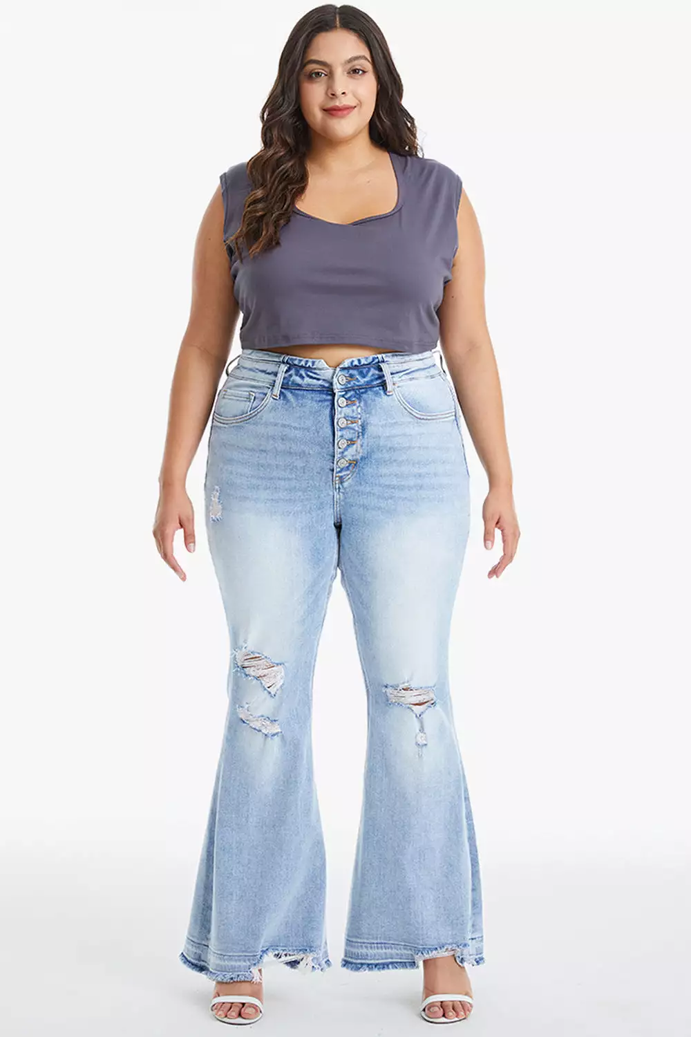 Full Size Distressed Raw Hem High Waist Flare Jeans