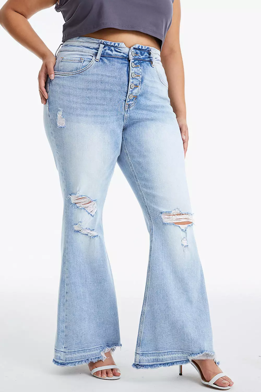 Full Size Distressed Raw Hem High Waist Flare Jeans