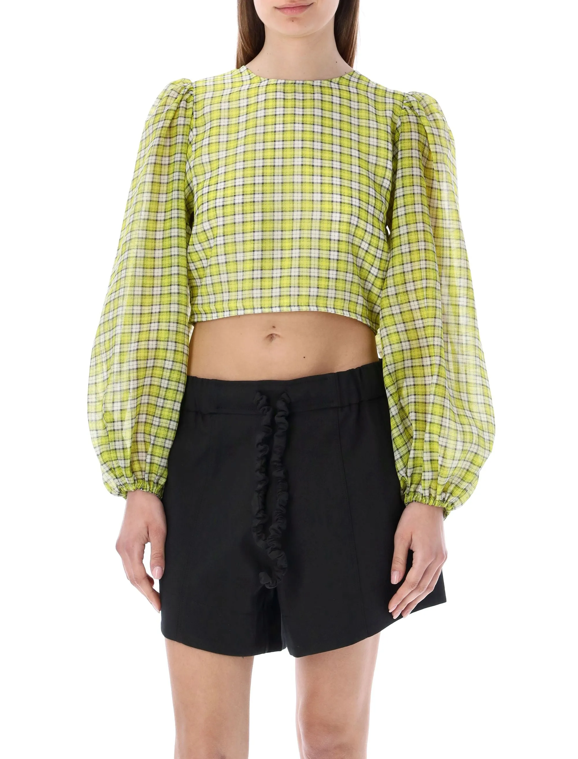 Ganni Puff Sleeved Checked Top