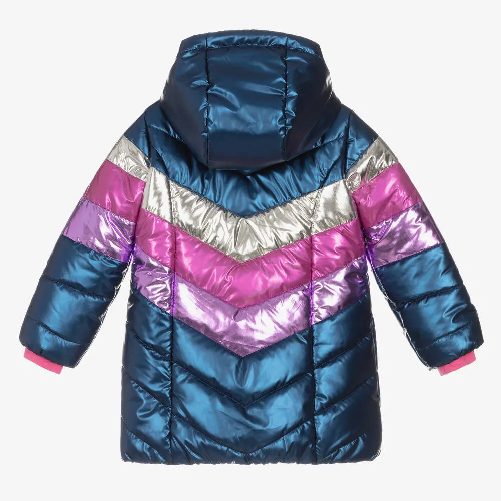 Girls Blue & Pink Hooded Puffer Coat