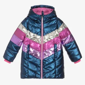 Girls Blue & Pink Hooded Puffer Coat