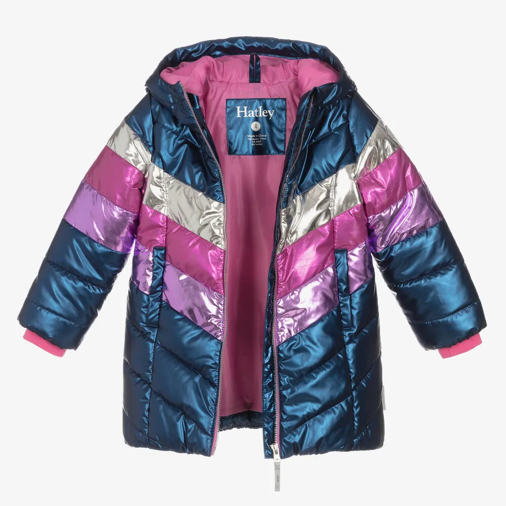 Girls Blue & Pink Hooded Puffer Coat