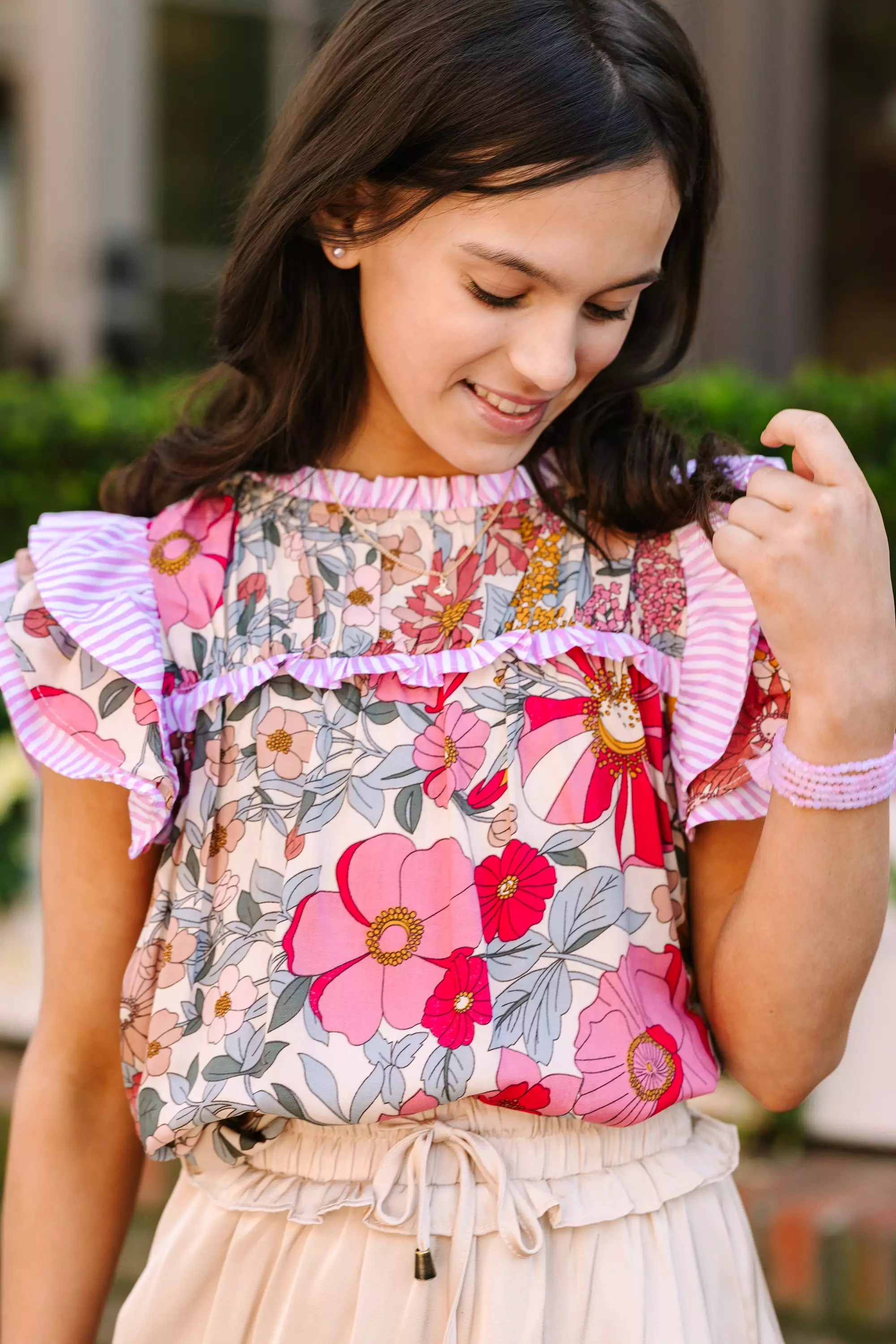 Girls: Full Of Love Pink Floral Blouse