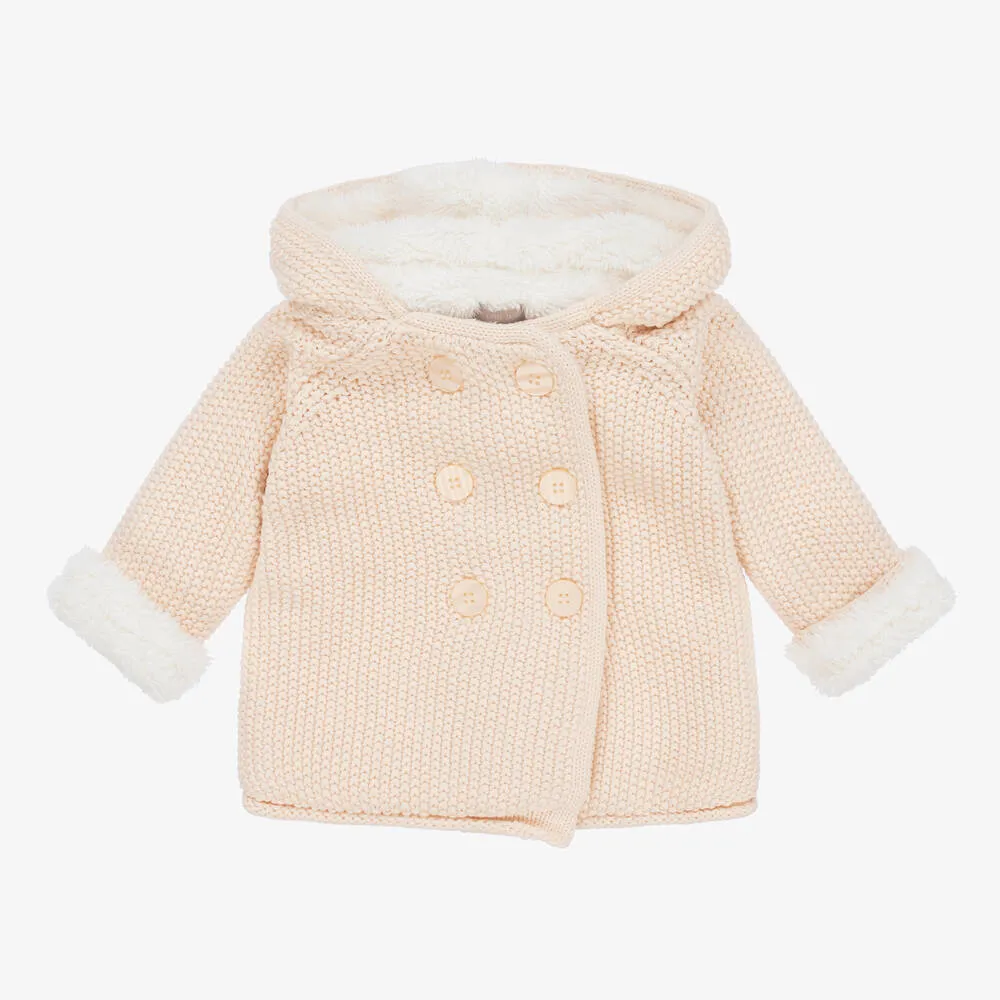 Girls Pink Knitted Cotton Hooded Pram Coat