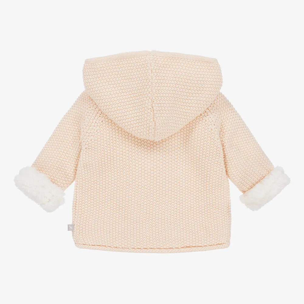 Girls Pink Knitted Cotton Hooded Pram Coat