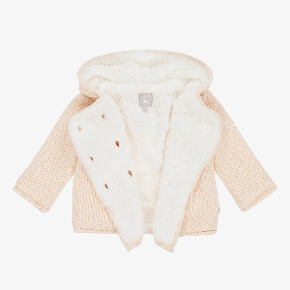 Girls Pink Knitted Cotton Hooded Pram Coat