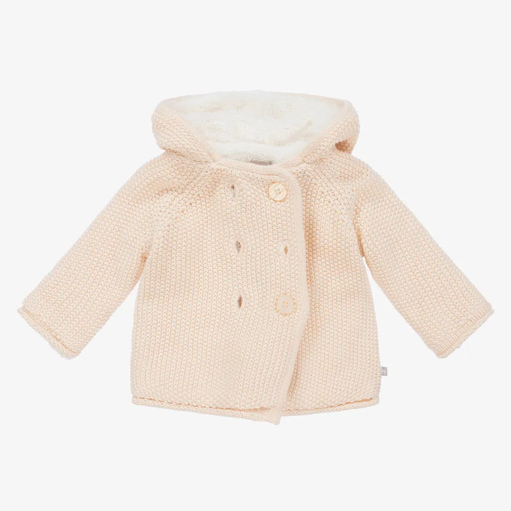 Girls Pink Knitted Cotton Hooded Pram Coat