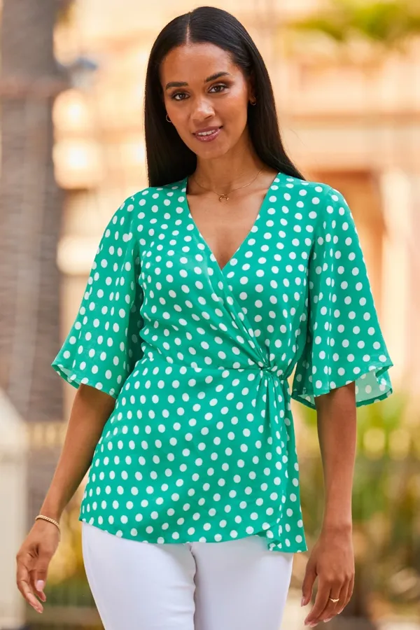 Green & White Spot Print Wrap Front Top