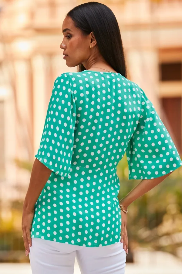 Green & White Spot Print Wrap Front Top