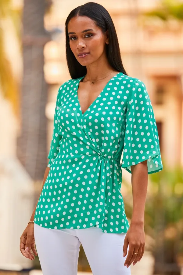 Green & White Spot Print Wrap Front Top