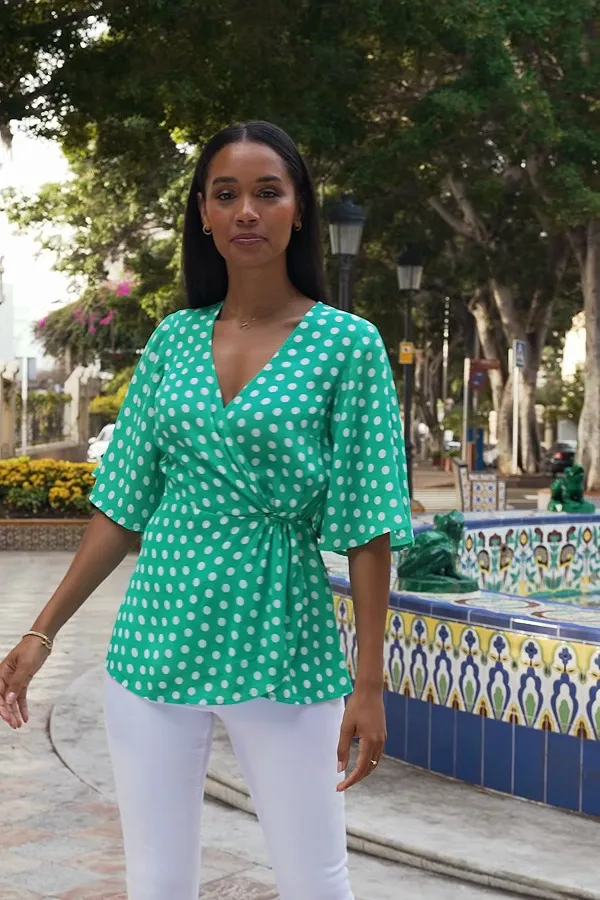 Green & White Spot Print Wrap Front Top