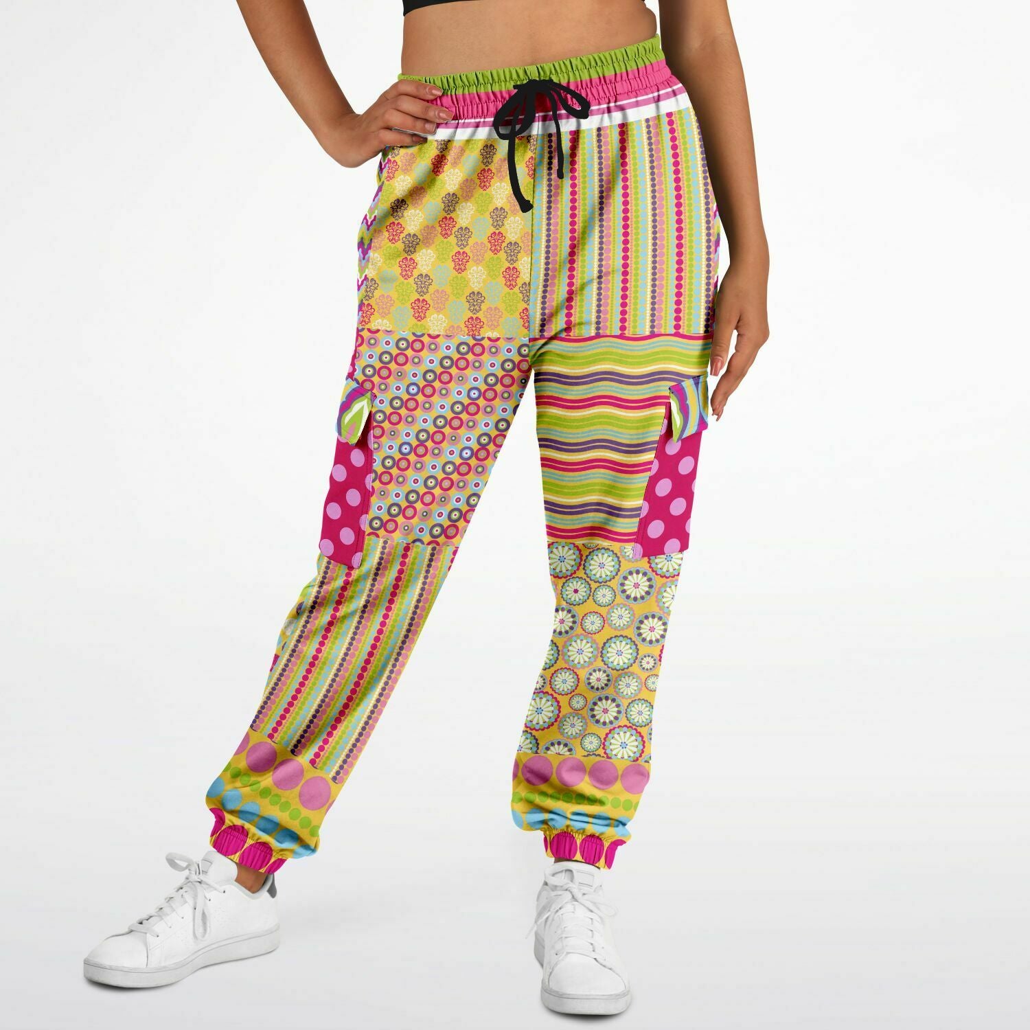 Hello Janis! Green Striped Patchwork Unisex Eco-Poly Cargo Joggers