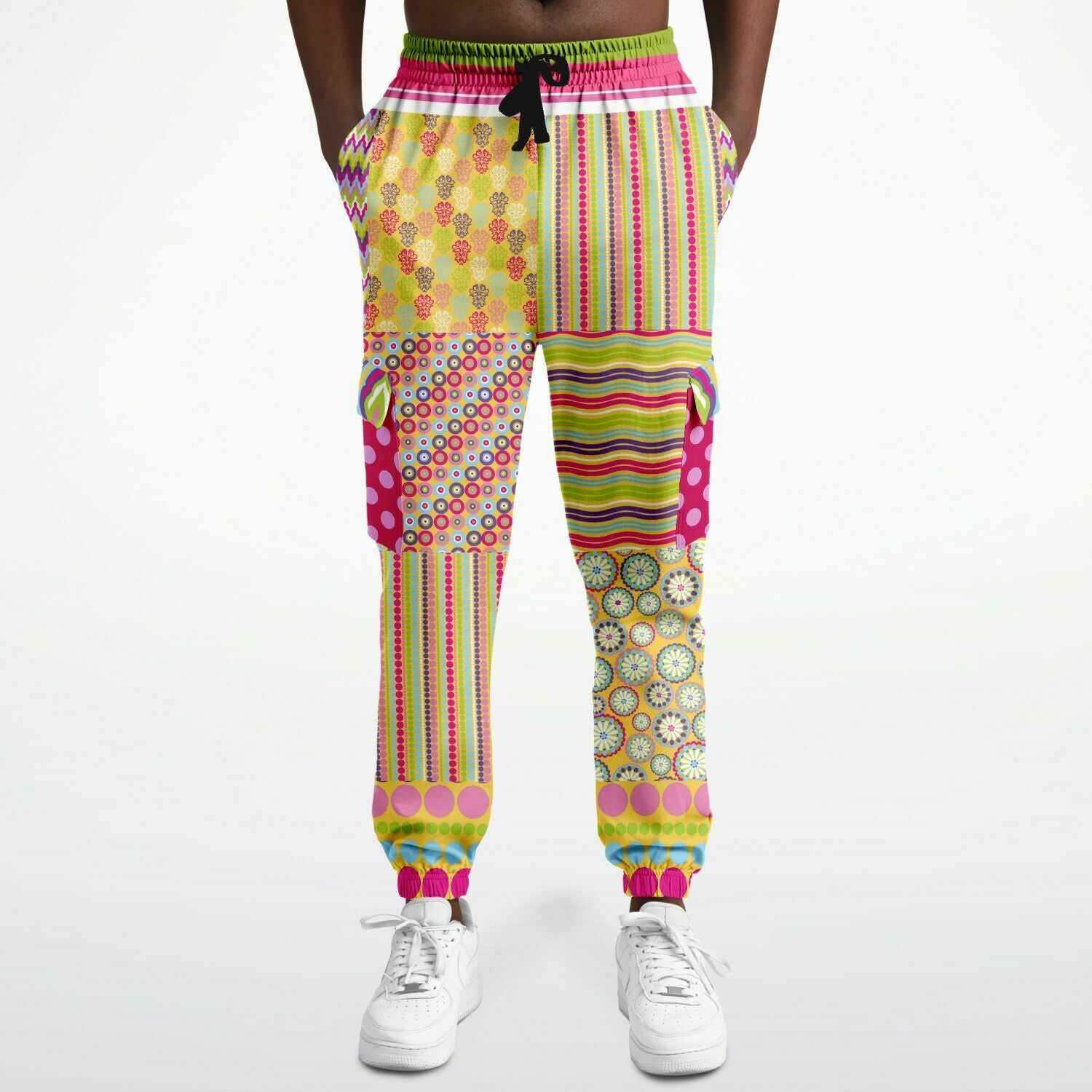 Hello Janis! Green Striped Patchwork Unisex Eco-Poly Cargo Joggers