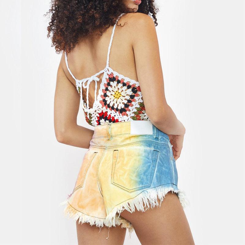 High Waist Fringed Color Tie Dye Denim Shorts