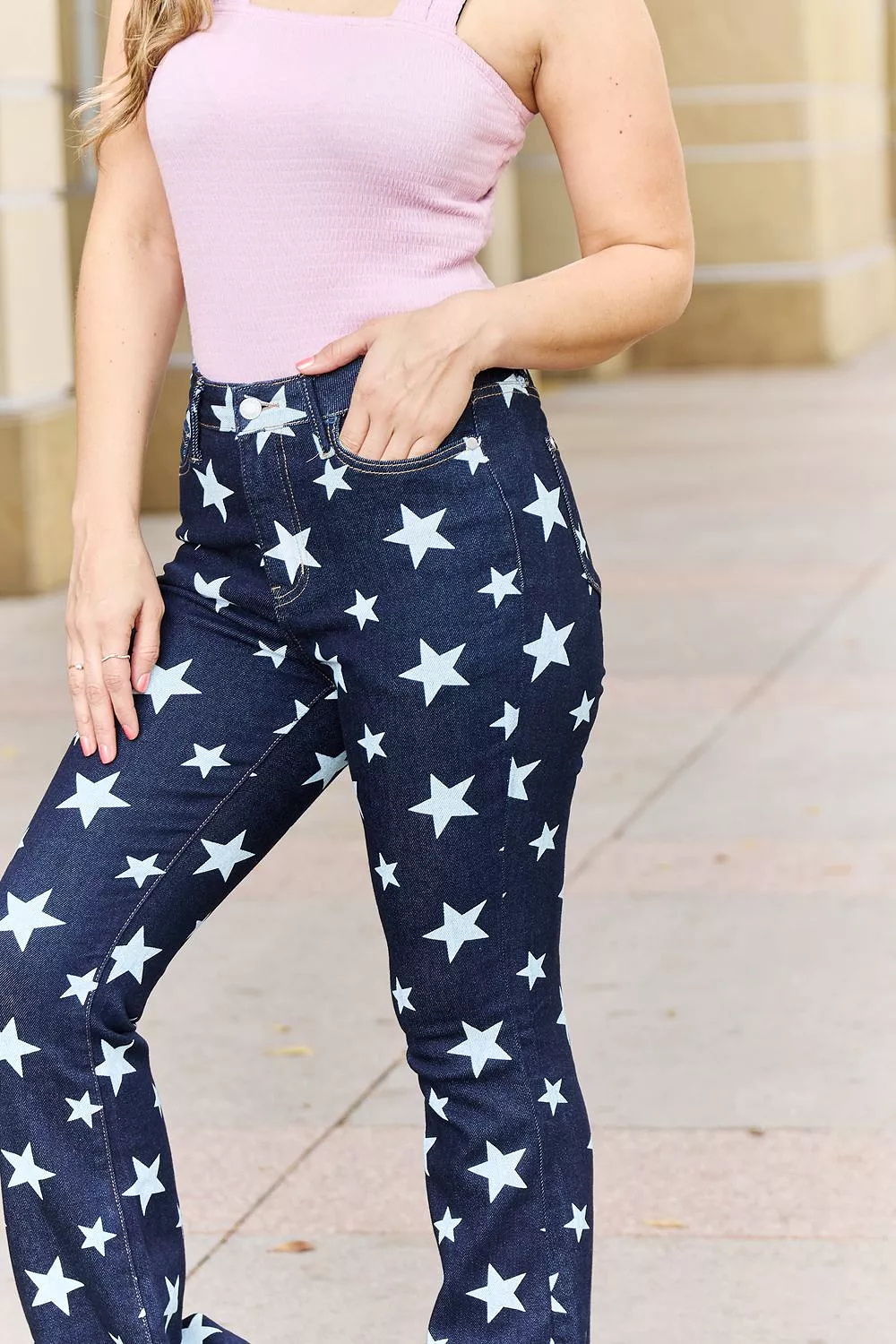 High Waist Star Print Flare Jeans