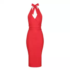 Lipstick Red Wrap Top Halterneck Wiggle Pencil Dress