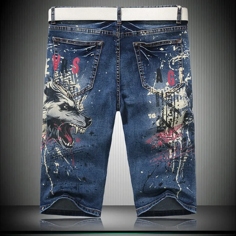 Men's Summer Denim Hip-Hop Style Printed Pattern Knee Length Shorts on Clearance