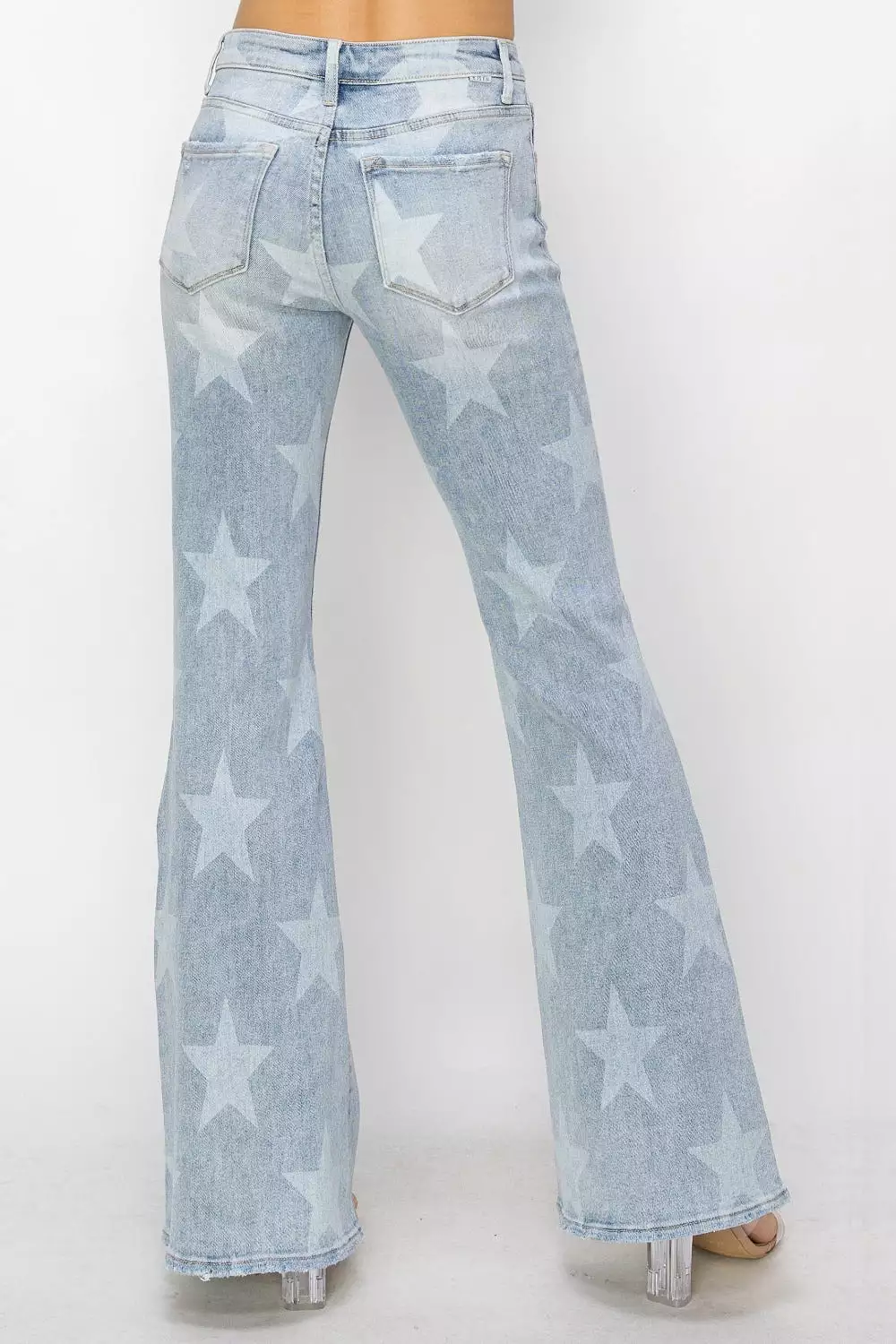 Mid Rise Button Fly Start Print Flare Jeans