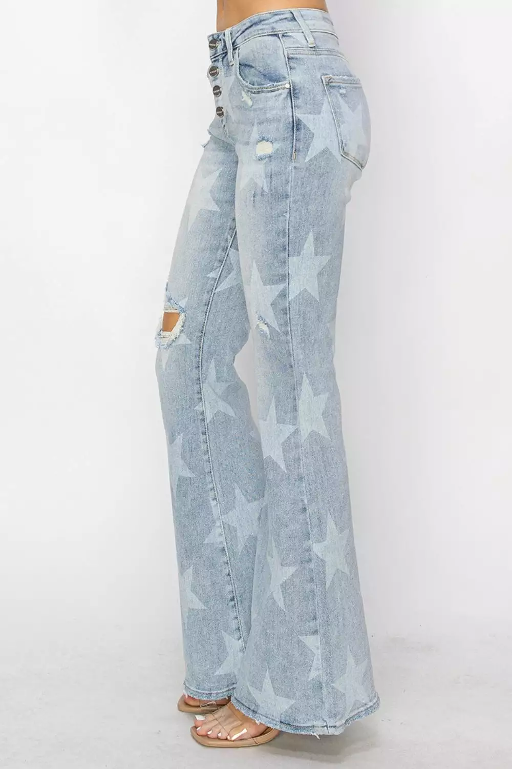 Mid Rise Button Fly Start Print Flare Jeans