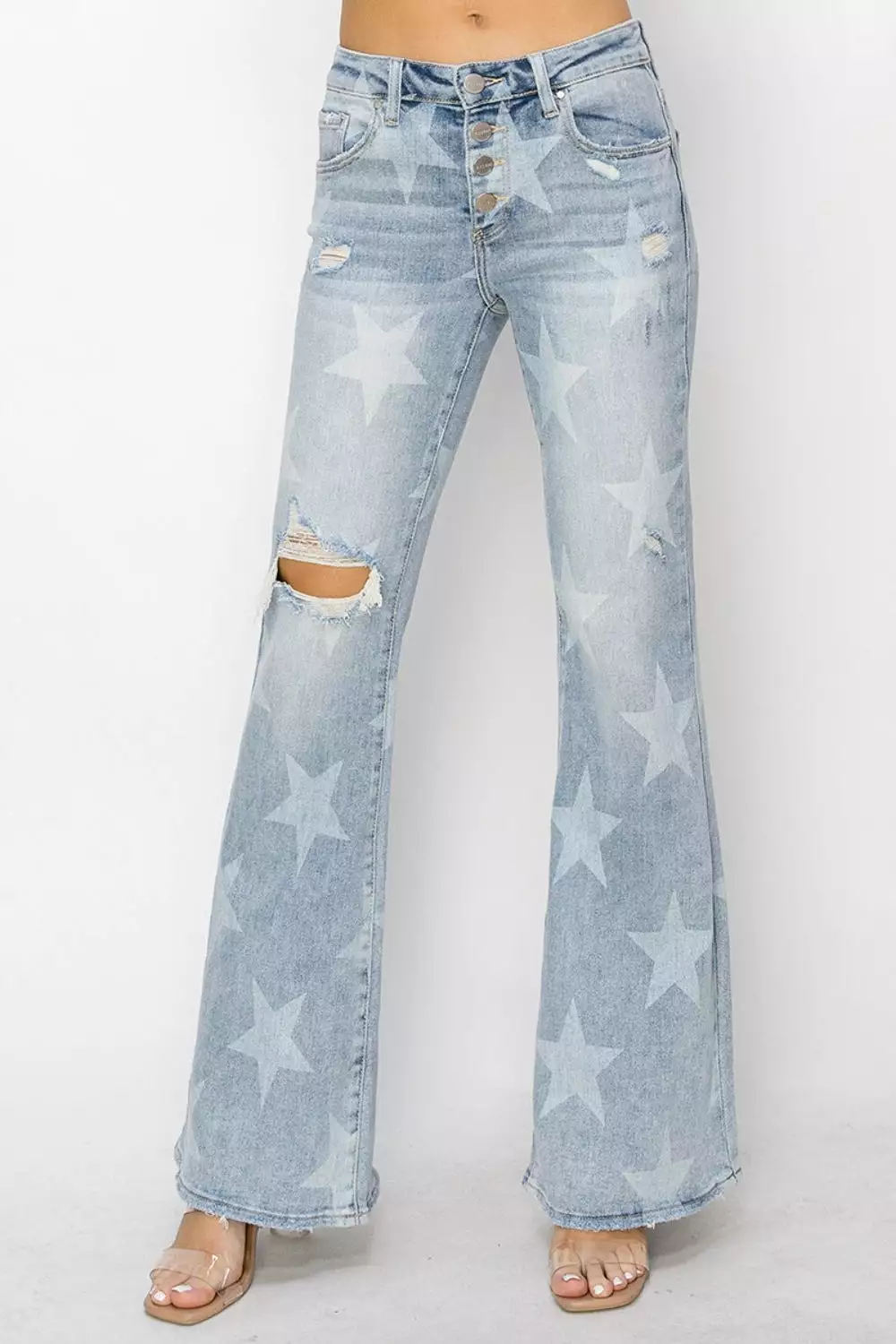 Mid Rise Button Fly Start Print Flare Jeans