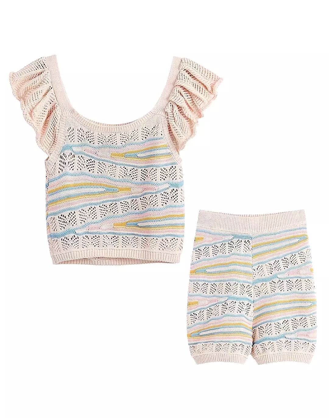 Multi Color Knitted Pattern Shorts Set