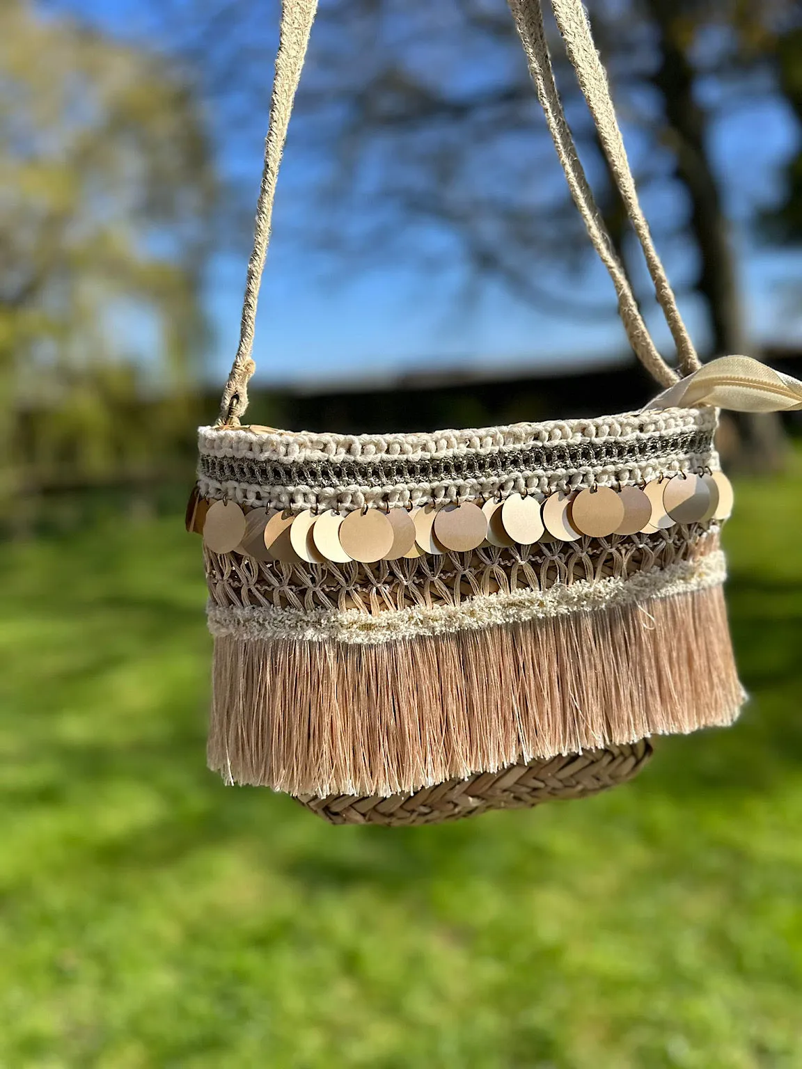 Natural Gold Disc Fringed Shoulder Bag