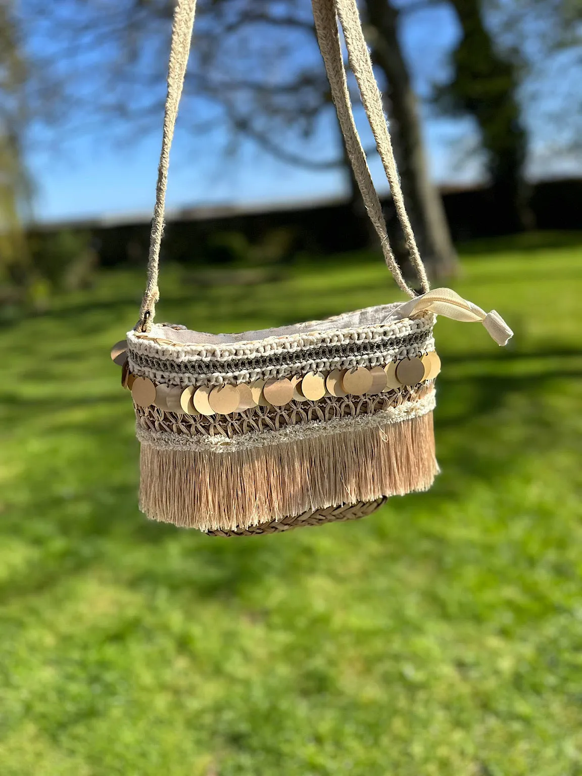 Natural Gold Disc Fringed Shoulder Bag