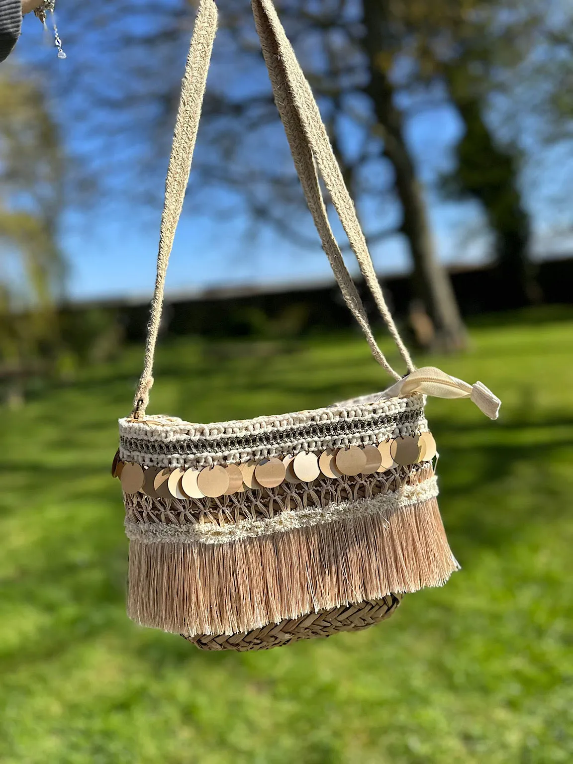 Natural Gold Disc Fringed Shoulder Bag