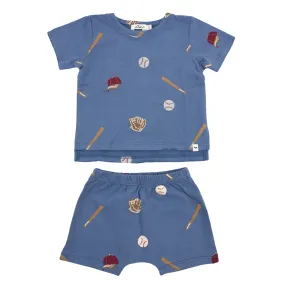 oh baby! Raw Edge Tee and Shorts Set - Baseball Print - Denim