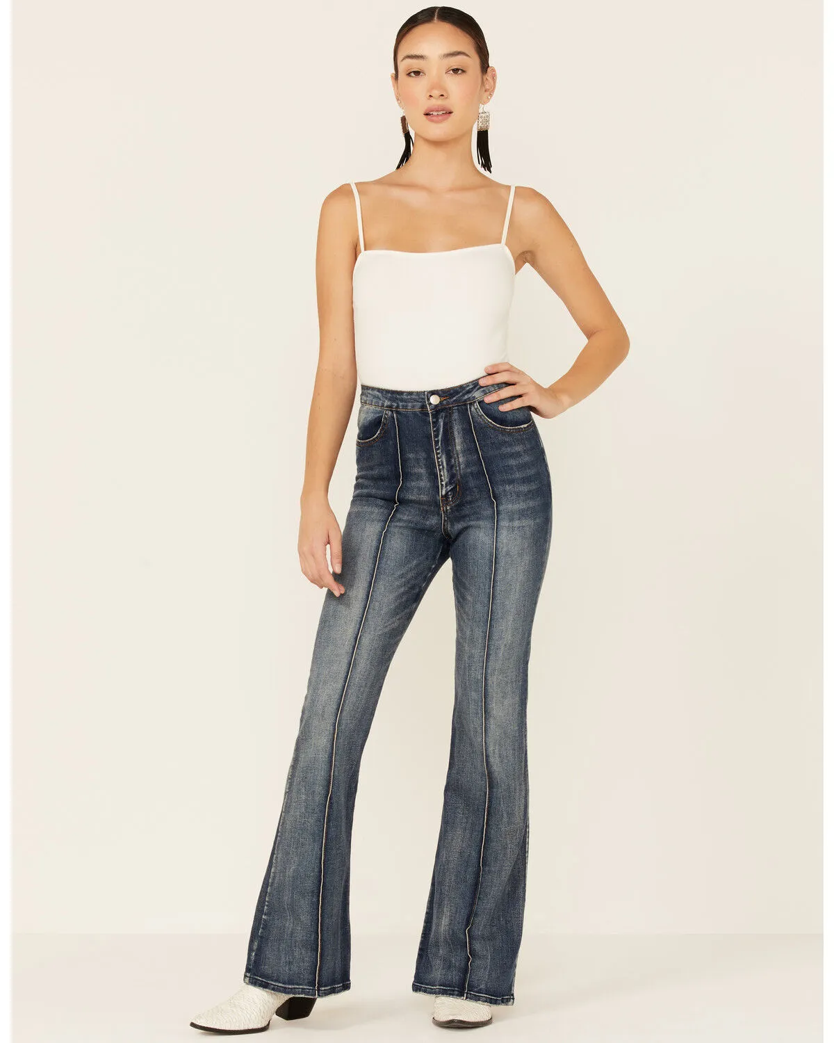 Product Name:  Flying Tomato Women's High Rise Dark Acid Wash Front Pintuck Flare Jeans