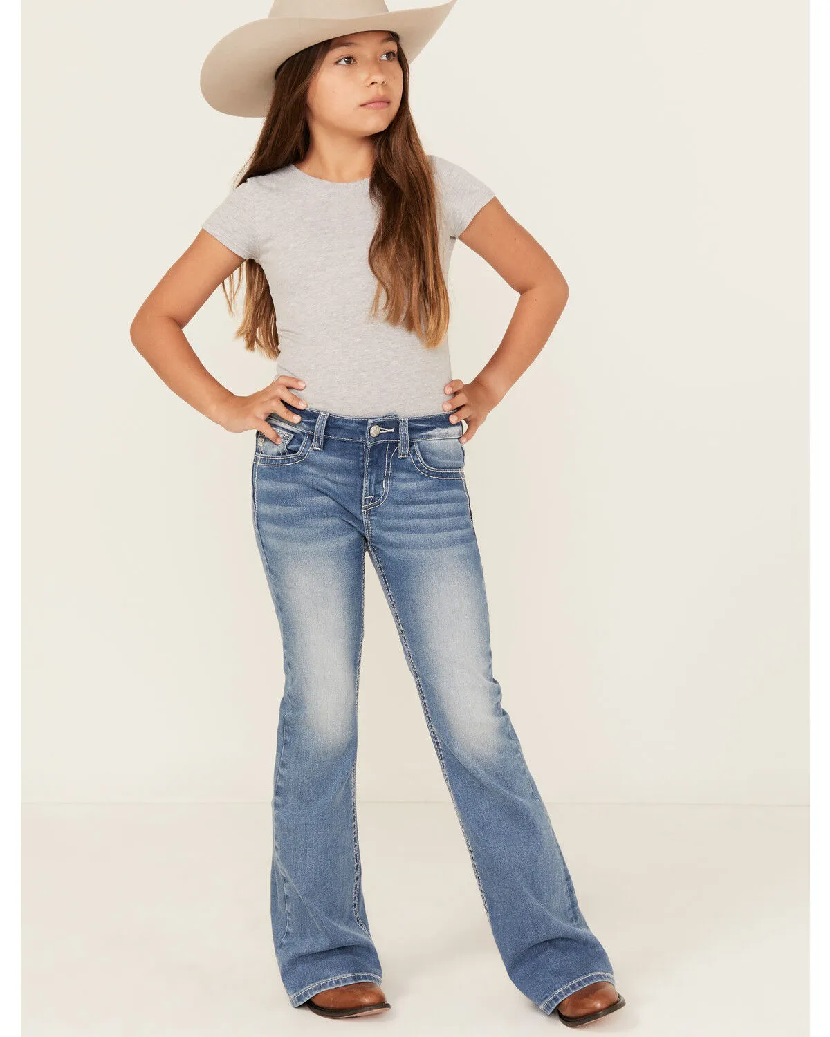 Product Name:  Miss Me Girls' Medium Wash Fleur de Lis Pocket Flare Stretch Denim Jeans