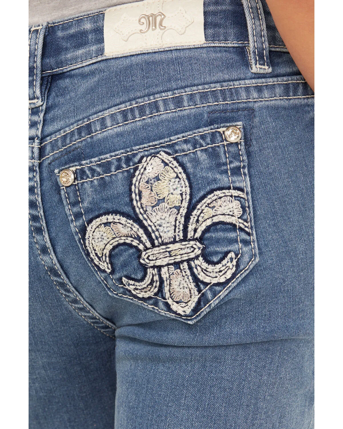 Product Name:  Miss Me Girls' Medium Wash Fleur de Lis Pocket Flare Stretch Denim Jeans