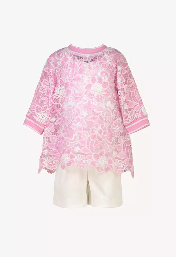 Ribbed Lace Floral Embroidered Blouse And Shorts Set