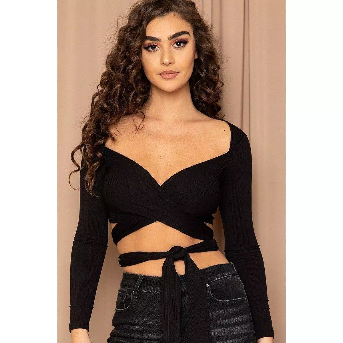 Ribbed Long Strap Wrap Tie Crop Top