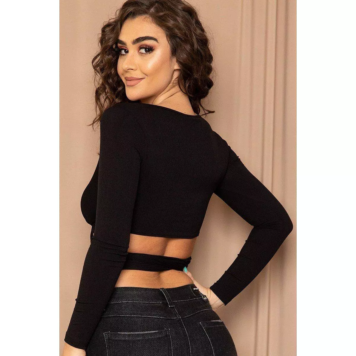 Ribbed Long Strap Wrap Tie Crop Top