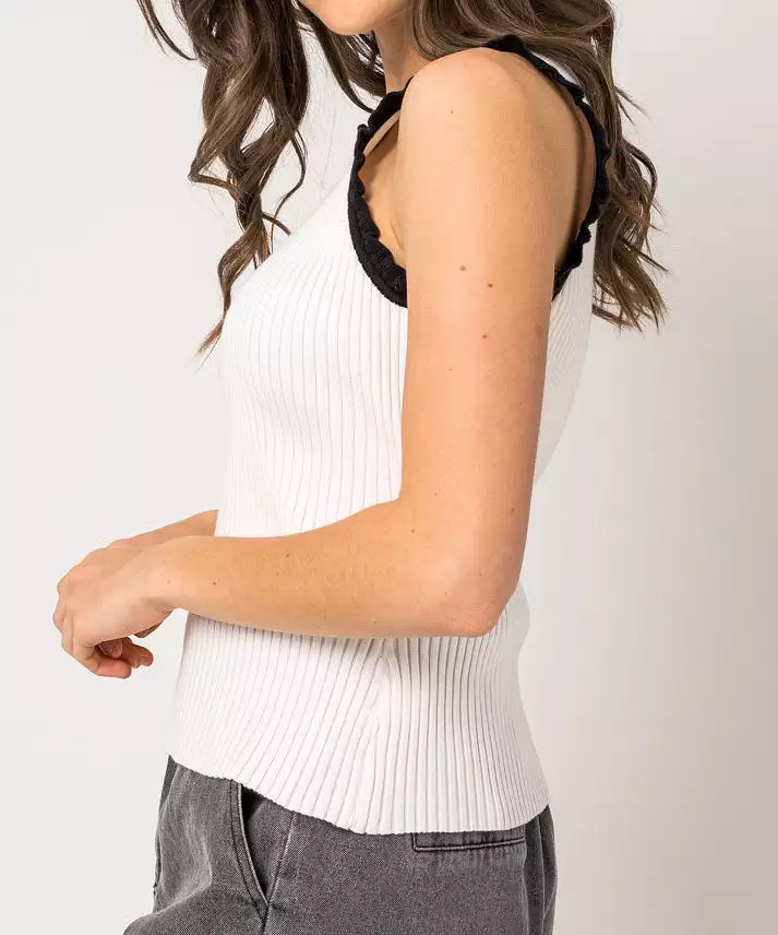 Ruffle Detail Sleeveless Sweater Top - White/Black